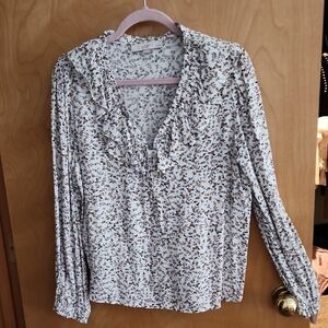 LOFT Petites White Cream and Khaki Floral Ruffle Blouse w/ Button Detail